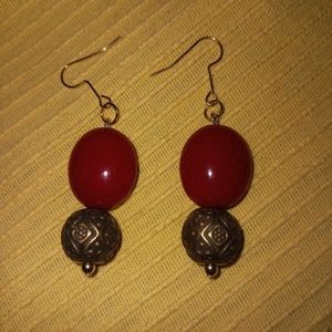 HAND CRAFTED essential bohemian red and gold engraved statement drop earrings